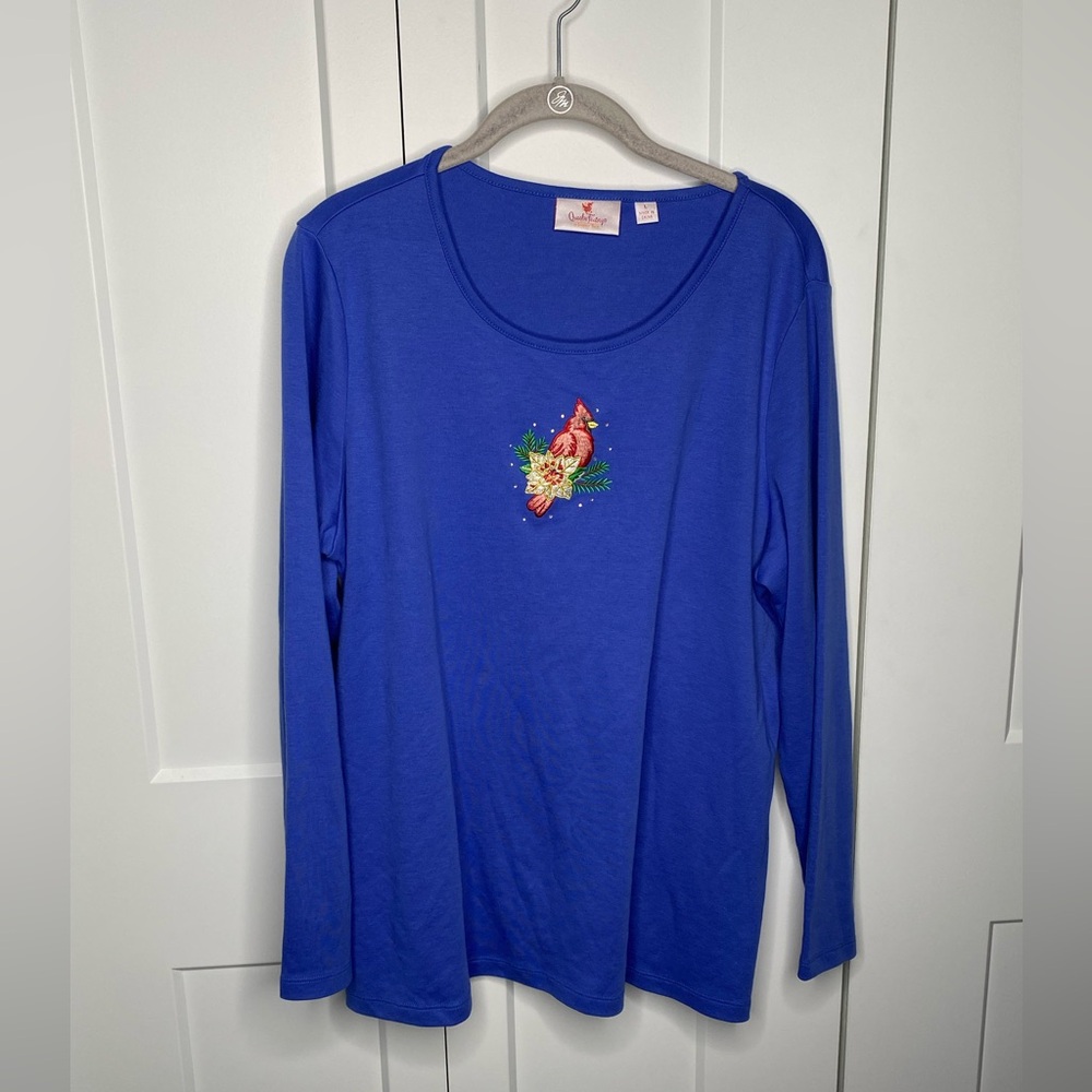 Quacker Factory Cardinal Holiday Blue Long Sleeve Top Shirt Size Large